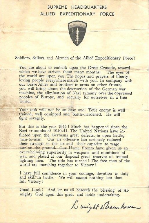 Afschrift van generaal Dwight D. Eisenhowers Order of the Day 1944