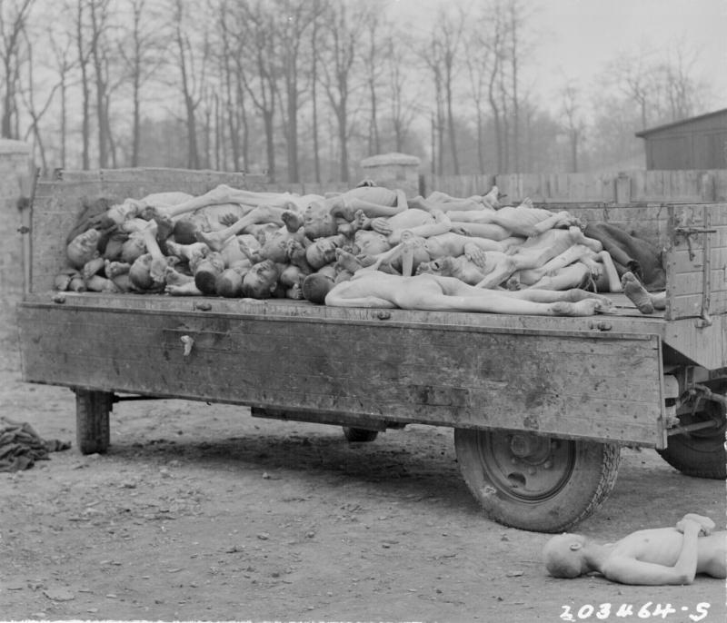 Een vrachtwagen vol lichamen van gevangenen van de nazi's