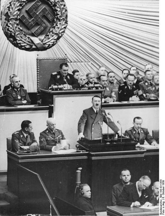 Adolf Hitler giving a speech to the Reichstag, 6 Oct 1939