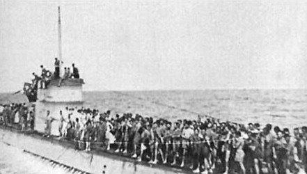 German U-156 with its decks crowded with survivors from the British RMS Laconia