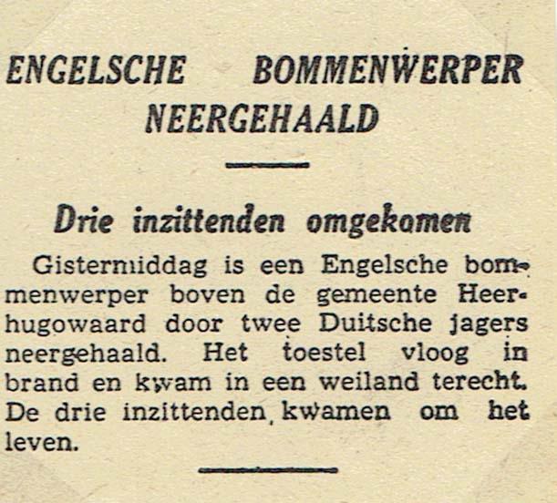Blenheim P6895 UX-H lost at Heerhugowaard (Kerkweg) (NH) on 02-07-1940 (SGLO ref: T0737)