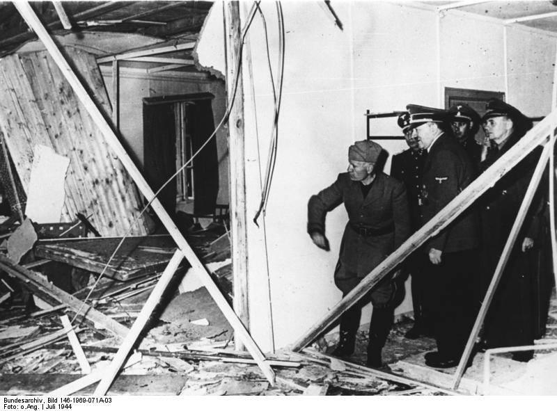 Mussolini and Hitler inspecting the ruined headquarters, Wolfs Liar