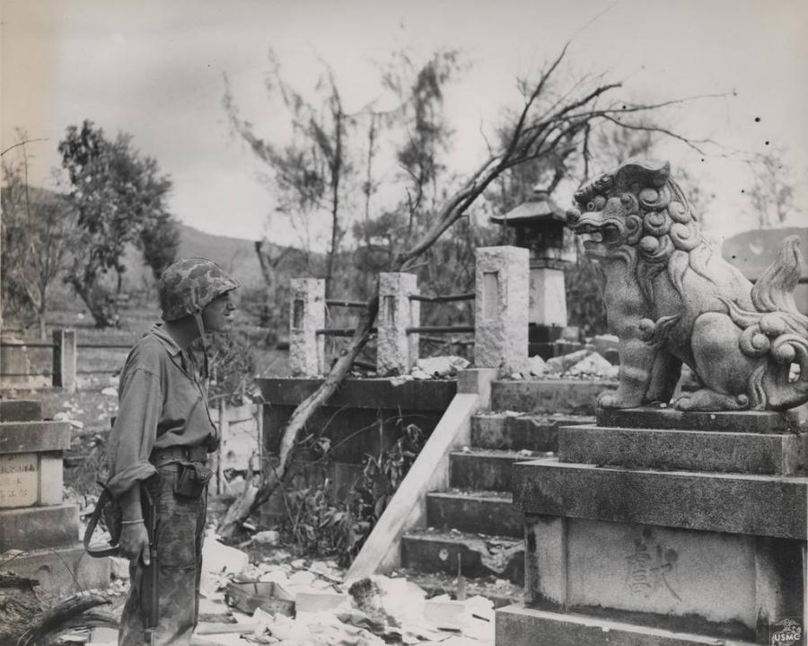 Marine make faces at a \"mad lion\"
