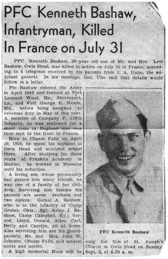 Private First Class Bashaw Kenneth E (Service #: 32854860) died on 1944-08-28