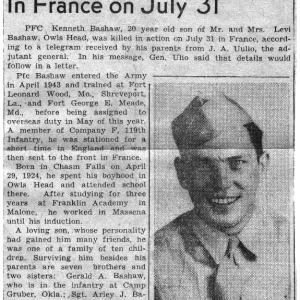 Private First Class Bashaw Kenneth E (Service #: 32854860) died on 1944-08-28